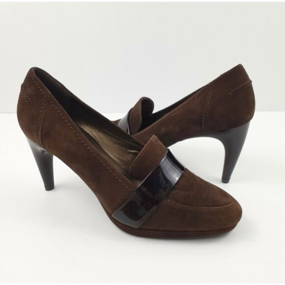 Stuart Weitzman Shoes - Stuart Weitzman Brown Suede Heel Women 7 Black Patent Leather Trim Classic Pump